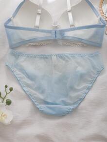 DelicateAllure 2pcs Contrast Color Floral Lace Patchwork Comfy Balconette Bra Set With Bow, Supportive & Comfortable Women Lingerie Set - Blue - View 10