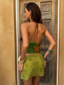 SHEIN BAE 女士全印花垂褶领休闲度假露背上衣，优雅，夏季，春假，情人节，狂欢节，海滩，度假，暑假，花卉图案，2026 新款，适合海滩度假、约会、休闲穿着和假日。 - 橘色 - 查看 2