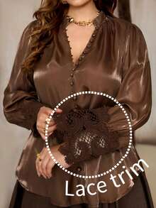 Roveilla 大码棕色门襟蘑菇扣开襟衬衫，宽松舒适，蕾丝袖口，简约优雅百搭经典款 - 鏽棕色 - 查看 8