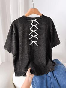 CosyJoli Hollow Back Bowknot Knitted T-Shirt - Black - View 4