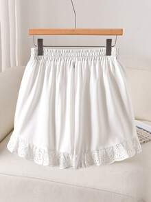 CosyJoli 大码女式休闲日常通勤简约纯色抽绳腰撞色荷叶边短裤 - 奶油色 - 查看 2