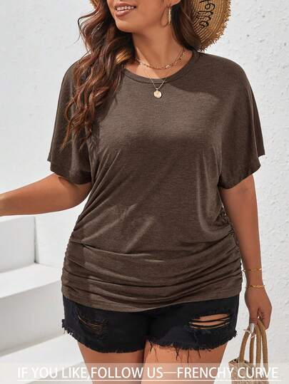 SHEIN Frenchy Plus Size Solid Color Round Neck Short Sleeve Ruched Loose Casual T-Shirt, Summer