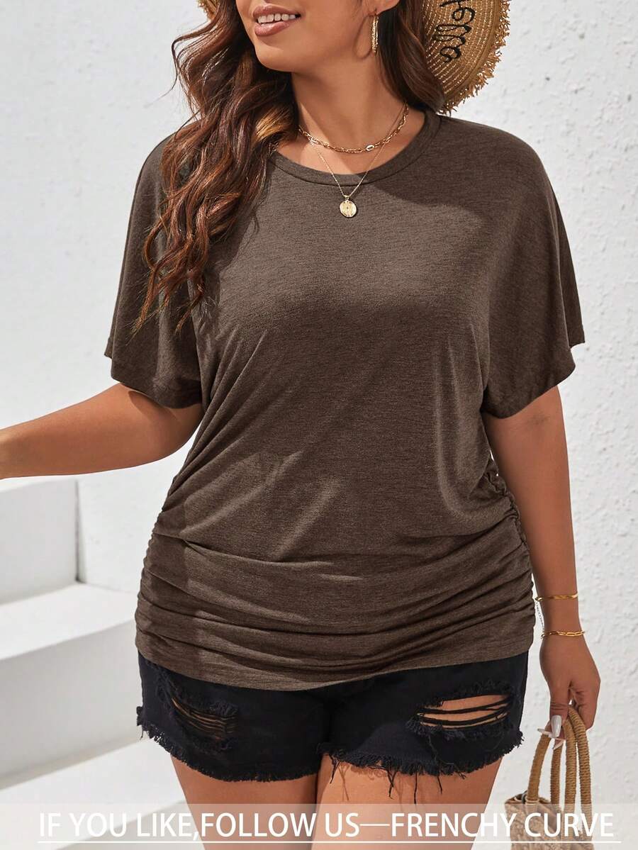 SHEIN Frenchy Plus Size Solid Color Round Neck Short Sleeve Ruched Loose Casual T-Shirt, Summer - Chocolate Brown - View 1