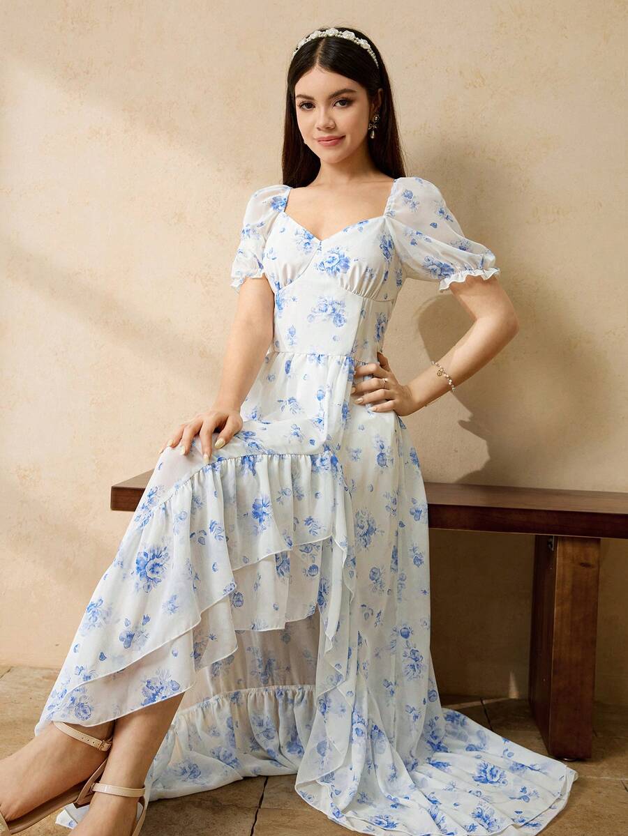 Vestido formal de gasa floral azul para adolescentes - Vestido maxi con cuello cuadrado, mangas abullonadas, abertura alta y volantes (Vestido de noche elegante para adolescentes) - Azul - Ver 1