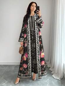 SHEIN Najma Conjunto informal de estilo árabe con estampado de flores y plantas con silueta a rayas de manga larga para mujer, primavera/otoño - Multicolor - Ver 4