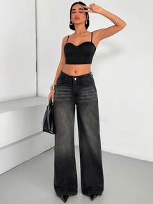 SHEIN Cottnline Low Waist Washed Blue Loose Straight Leg Denim Women Jean - Black - View 6