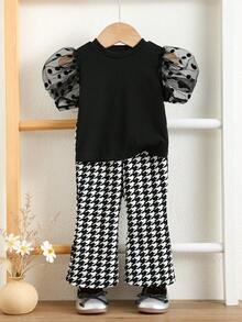 TaviRue Babygirl Cute Knit Patchwork Polka Dot Mesh Top & Houndstooth Flare Pants Set Summer Outfits/Summer Clothes - Multicolor - View 8