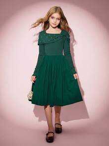 Girls' Elegant Sequin Patchwork Pleated Hem Long Sleeve Knit Dress, Casual Wear For Outing And Party - Dark Green - View 5