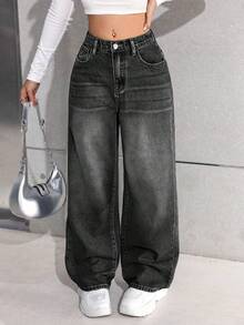 SHEIN Teen Girls Y2K Casual Basic Loose Blue Denim Pants,Cool Outfit/Girls Thanksgiving Outfit, Girl Fall And Winter Clothes - Black - View 2