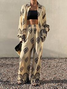 DAZY 2pcs Women Casual Vacation All-Over Print Button Front Long Sleeve Shirt And Pants Set, Autumn Lounge Sets For Women - Khaki - View 5