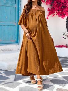 SHEIN Maternity Vacation Brown Solid Color Ruffle Off-Shoulder Pleated Casual Maxi Dress,Summer Boho Holiday Off The Shoulder Long Dress - Orange - View 4