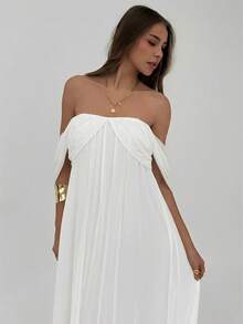 Aloruh Women's Elegant Off-Shoulder Flowy Loose White Dress ,Summer Dress - White - View 2