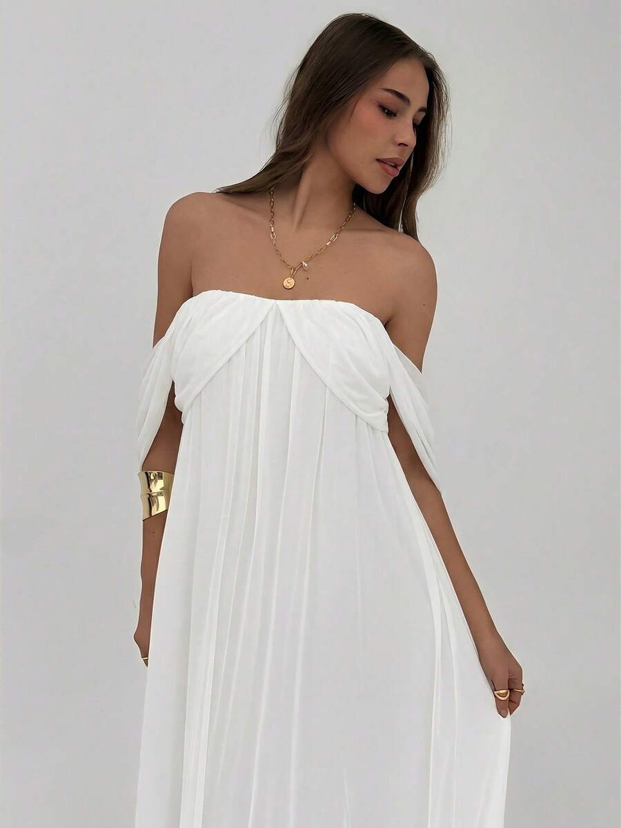 Aloruh Women's Elegant Off-Shoulder Flowy Loose White Dress ,Summer Dress