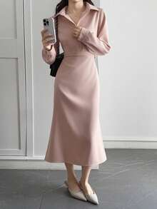 DAZY Elegant French Style Cinched Waist Mid-Length Dress For Women - Baby Pink - View 6