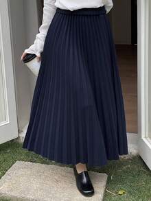 DAZY Women's Elegant Solid Color Pleated A-Line Skirt, Autumn - Navy Blue - View 7