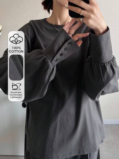 FRIFUL 女士宽松纯色圆领落肩长袖纽扣袖口休闲T恤，适合秋季穿着