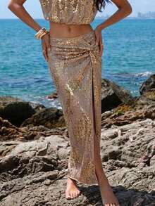 Maija 2026秋冬天鹅绒扭结，部分亮片，纹理荷叶边不对称高腰修身半身裙，适合圣诞派对、正式场合，粉色半身裙，棕色半身裙，亮片半身裙，闪亮半身裙，优雅女士半身裙，派对优雅半身裙，圣诞派对，派对，女士新年夜半身裙 - 卡其色 - 查看 2