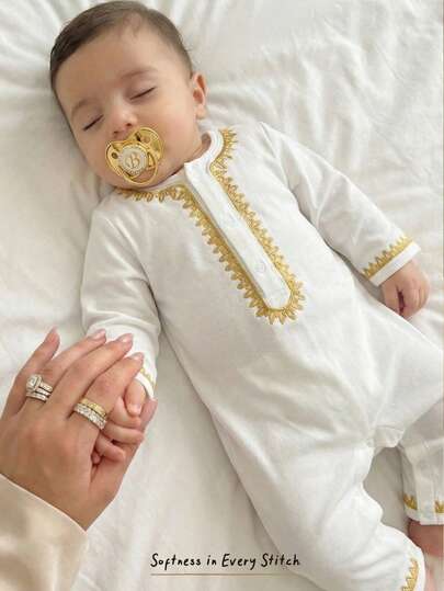 Cozy Pixies Baby Boy Traditional Pattern Mandarin Collar Long Sleeve Jumpsuit Baby Boy Vintage Floral Pattern, Suitable For Formal Occasions, Birthday Parties, Raves, Galas, Performances, Weddings, Month Celebrations, Christenings And 1st Birthday Parties Baby Arabic Clothing Jesus Baby Clothes Baby New Year Clothes Baby Jewelry Boy