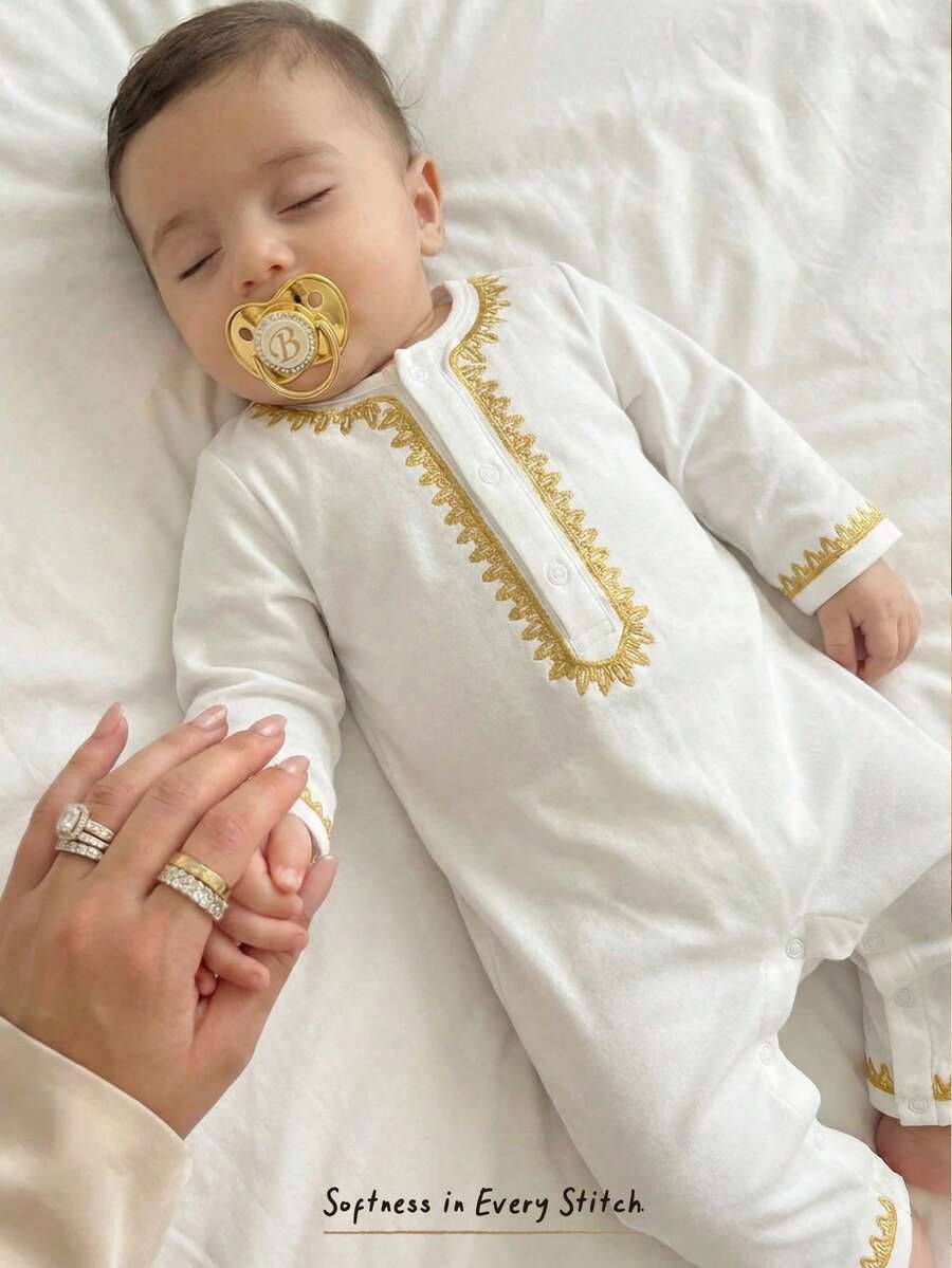 Cozy Pixies Baby Jungen Traditionelles Muster Stehkragen Langarm Jumpsuit Baby Jungen Vintage Blumenmuster, geeignet für formelle Anlässe, Geburtstagsfeiern, Raves, Galas, Aufführungen, Hochzeiten, Monatsfeiern, Taufen und 1. Geburtstagsfeiern - Weiss - Übersicht 1