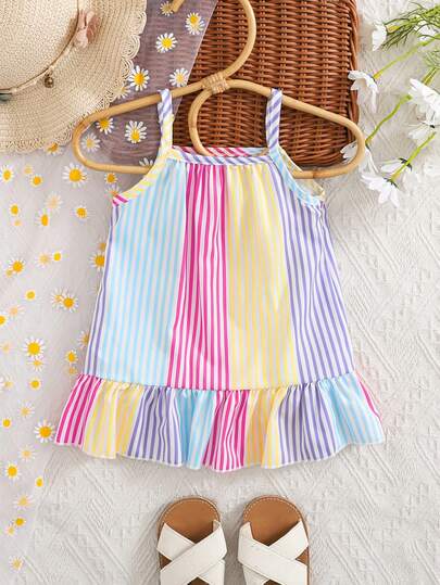 SHEIN Playful Pals Baby Girls' Casual Cute Multicolor Striped Print Woven Dress, Summer