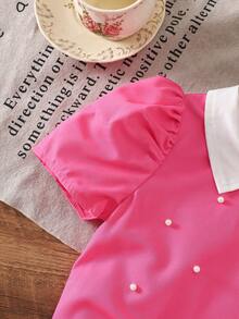 Elladie kids 4-7岁女童淑女风白色小领玫红色泡泡袖串珠前襟上衣，适合春夏日常穿着、户外活动、休闲外出 - 玫紅色 - 查看 6