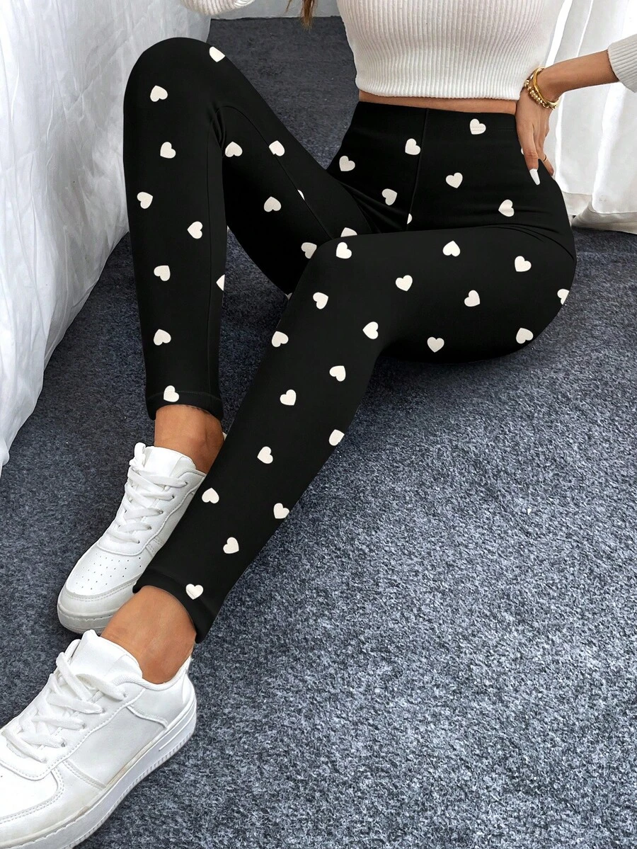SHEIN LUNE Quần legging nữ họa tiết trái tim đen trắng, thích hợp cho mùa thu/đông, ngày Valentine, quà tặng Valentine cho nữ, quần legging đen ngày Valentine. - Nhiều màu - Xem 1