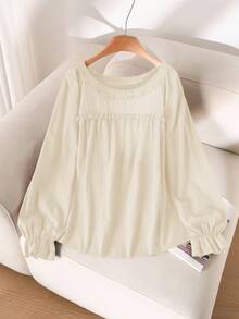 CosyJoli 大码女式休闲荷叶边圆领长袖棕色衬衫，百搭日常穿着 - 米色 - 查看 3