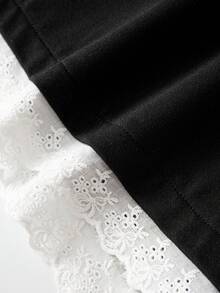 GlowEve CURVE شورت كاجوال مزين بالدانتيل والجيب على شكل قلب، مناسب للربيع والصيف والخريف، خصر مطاطي، شورت مزين بالدانتيل، شورت أسود وأبيض، شورت نسائي أسود - الأسود - مشاهدة 4