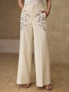 MOTF PREMIUM WOMEN'S EMBROIDERED DRAPE EFFECT SUIT PANTS - Beige - View 4