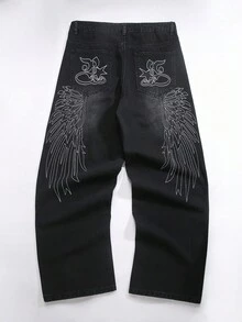 Manfinity LEGND Men's Casual Street Style Embroidered Black Denim Jeans - Black - View 1