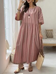 Vivie Lora Rochie lungă de vacanță pentru femei, cu dungi verticale, colorate, cu guler rotund, casual, versatilă - Multicolor - Vizualizare 7