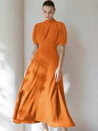 Aveloria Modichic Vestido de Chiffon Elegante Feminino com Design de Busto Pregueado, Manga de Princesa, Cintura Marcada, Saia Evasê, Minimalista e Versátil para Uso Diário, Comprimento no Joelho