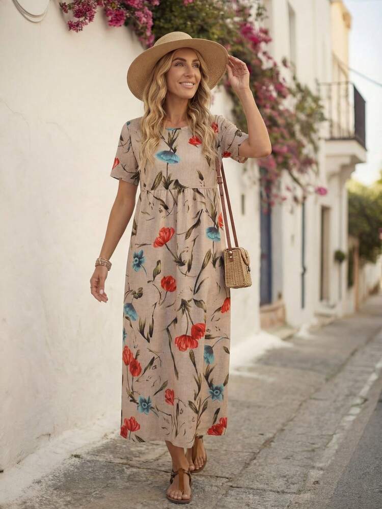 Women's Summer Long Dress With Short Sleeves And Large Floral Print.