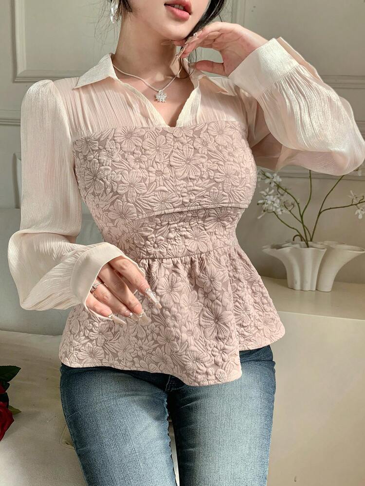 Spring/Summer Elegant 2 In 1 Pink Long Sleeve Blouse, Suitable For Office, Commute, Wedding, Casual Occasions