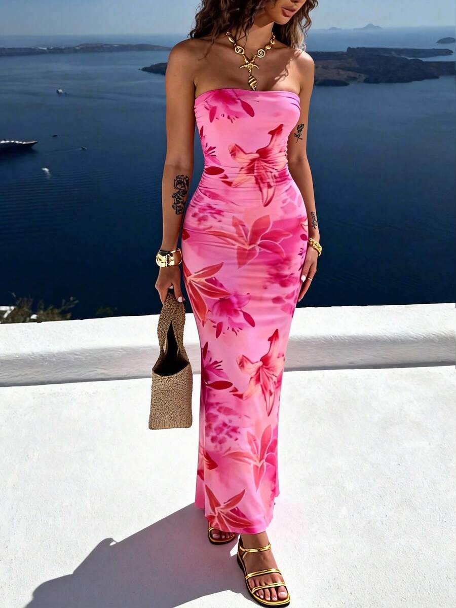 Women's Floral Print Fitted Elegant Strapless Dress, Vacation - Multicolor - View 1