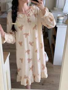 Tween Girls Pajamas-Ruffle Collar Long Sleeve Nightdress With Cute Bear Print Cream Ruffle Hem Knee Length Loose Fit Four Seasons Holiday 2026 Essential Sleepwear Loungewear Casual Vintage Sweet Gift Comfortable Everyday Bedroom Stylish Playful Princess - Apricot - View 6