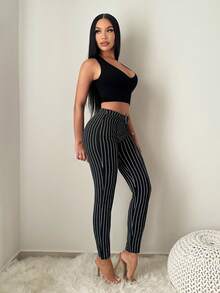 SHEIN SXY Women's Business Casual Black And White Striped Pants With Waist Ring,Elegant ,Business Casual Outfits Women, Striped - Black and White - View 5