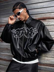 AXEPEAK Men's Hip-Hop Embroidered Zip-Up Jacket - Black - View 2