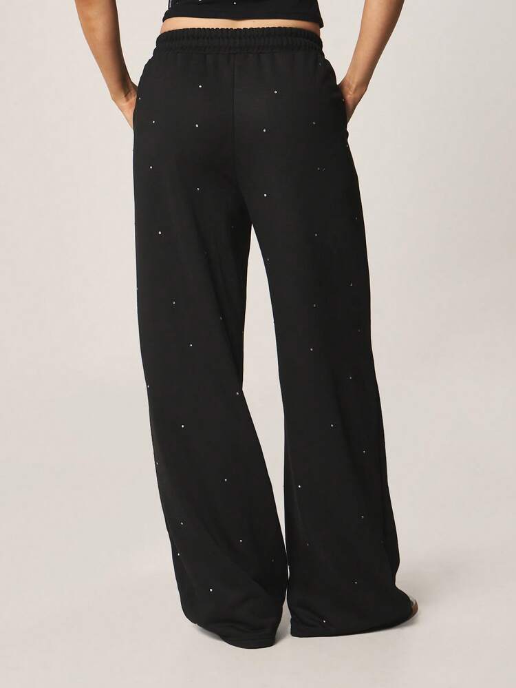 MISSGUIDED Relaxed Wide Leg Joggers With Hotfix Crystal Rhinestone Embellishments All Over Print