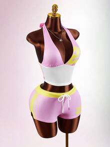 Amplova Women's Halter Neck 2 Pieces Sportswear Set Women's Waist Hollow Mesh See-Through Sexy Revealing Shorts Set Babyphat Purple Easter - Pink - View 3