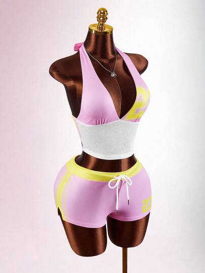 Amplova Damset med halterneck, 2-delat sportklädesset, midja, genomskinliga, sexiga och avslöjande shorts