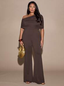 SHEIN BAE Spring And Summer Long Sleeve Jumpsuit Brown Pleated Jumpsuit Sexy Slim Plus Size Jumpsuit - Brown - View 3