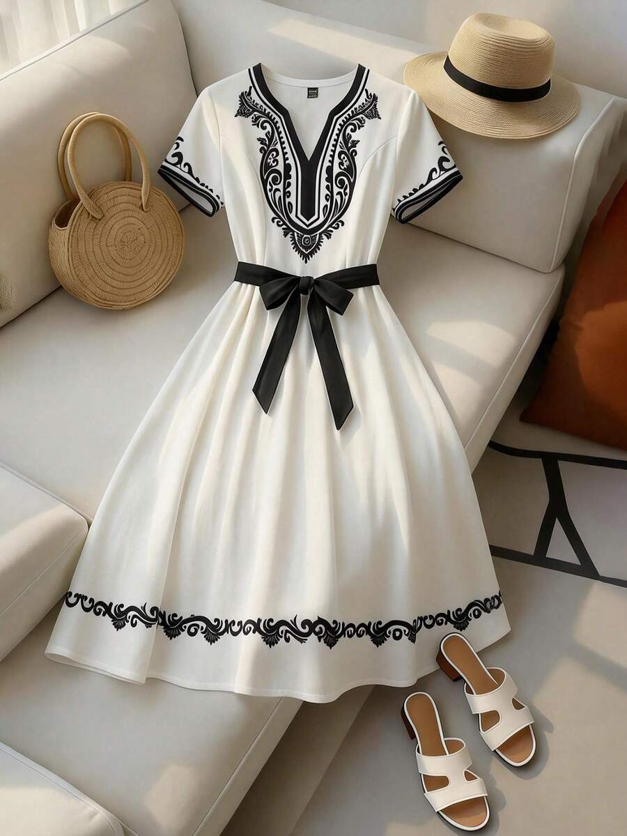 Franclia Đầm maxi ngắn tay cổ chữ V in họa tiết dành cho nữ, phong cách Bohemian, thích hợp cho mùa xuân/hè. - Nhiều màu - Xem 1