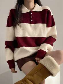 DAZY Women's Collared Striped Patchwork Contrast Color Half-Zip Sweater - Burgundy - View 1