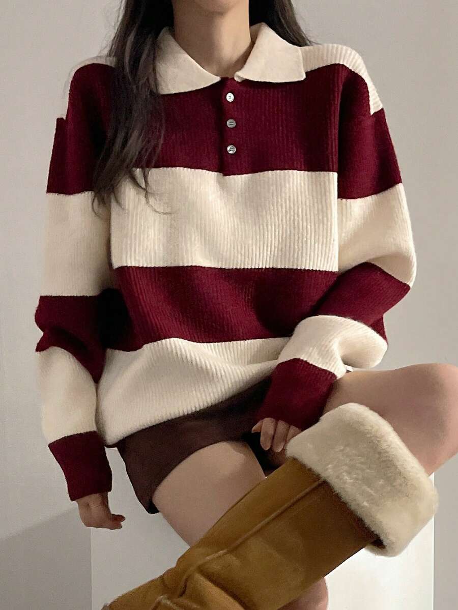 DAZY Women's Collared Striped Patchwork Contrast Color Half-Zip Sweater - Burgundy - View 1