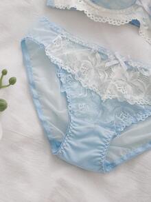 DelicateAllure 2pcs Contrast Color Floral Lace Patchwork Comfy Balconette Bra Set With Bow, Supportive & Comfortable Women Lingerie Set - Blue - View 8