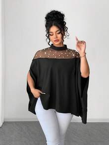 SHEIN Elenzya Elenzga Plus Size Fashionable Elegant Mesh & Pearl Splice Open Slit Sleeve Small Stand Collar Blouse For Women, Spring/Summer/Autumn - Black - View 4