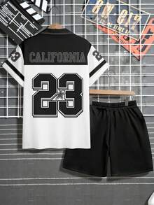 Manfinity Campus Court 23 Koszulka z nadrukiem w paski i ukośnymi kieszeniami, czarne spodenki, sportowy garnitur