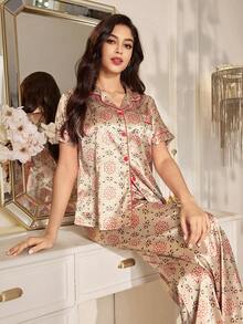 SHEIN Faux Silk Geometric Print Lapel Short Sleeve Pajama Set - Multicolor - View 4