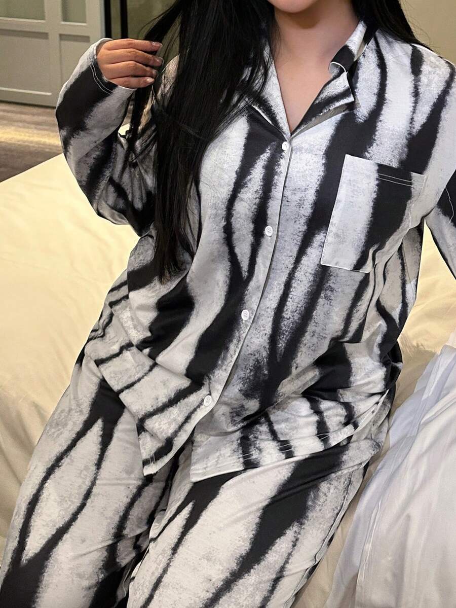 Dazy Plus 两件套加大码女式宽松长袖衬衫上衣和直筒裤睡衣套装,春秋季 - 灰色 - 查看 1